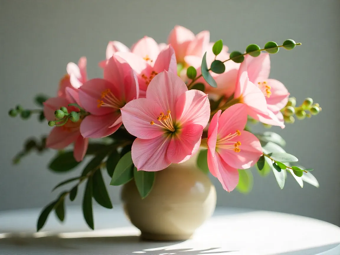 Kevään Hehku kukka-asetelma vaaleanpunaisilla kukilla